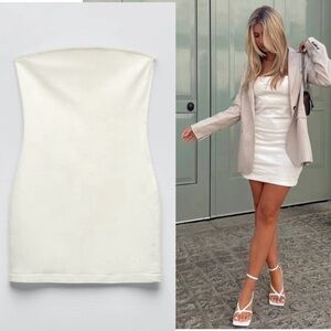Zara Ivory white stretchy denim jean strapless Bandeau mini bodycon dress M NWT